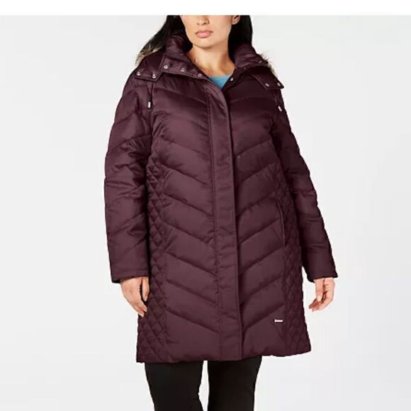 Kenneth Cole Faux-Fur-Trim Hooded Puffer Coat Maroon Size PL - Picture 1 of 8